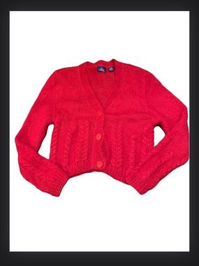 Vintage Red Cable-Knit V-Neck Button Cardigan Sweater